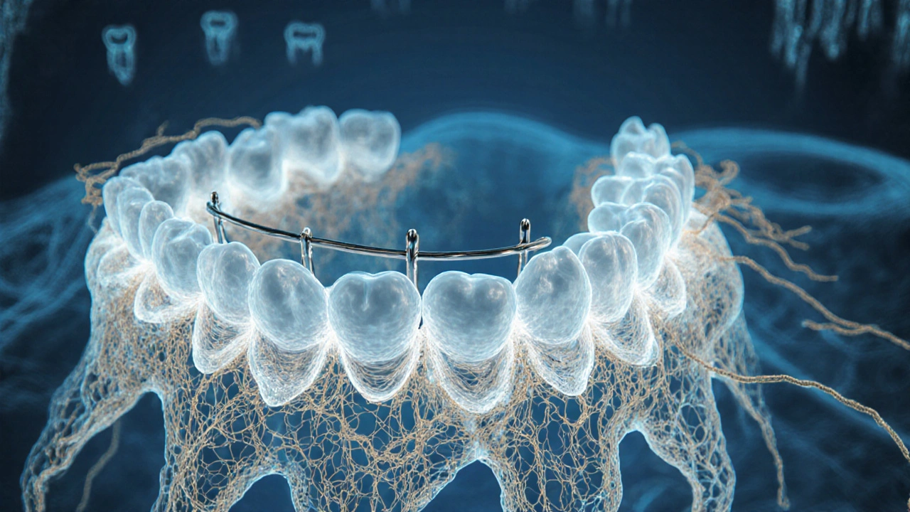 Abstraktní znázornění zubů a vazivové tkáně s pevnou fixací.