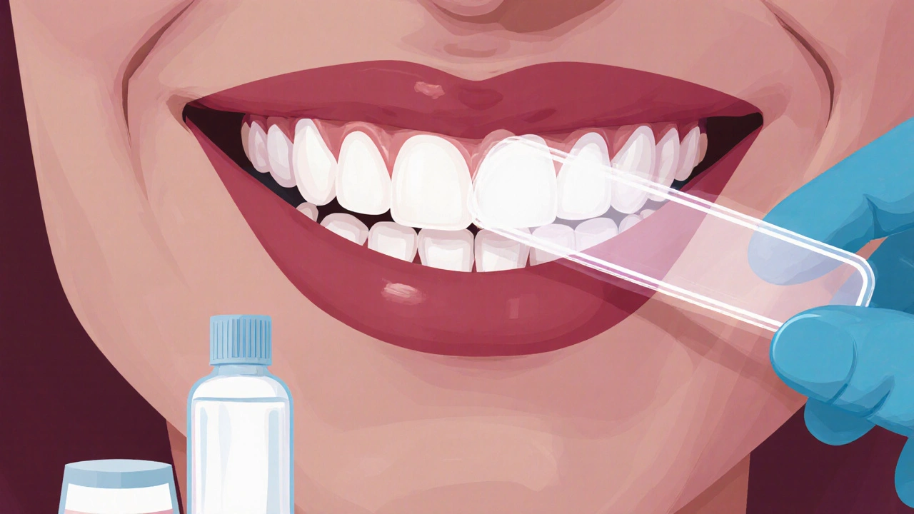 Bělicí páska na horních zubech, vedle lahvičky peroxidu, rukou dentisty.