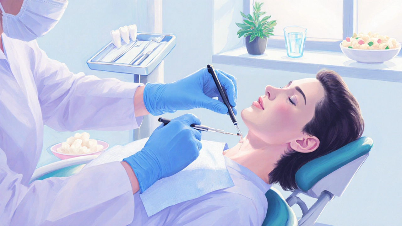 Dentista provádí extrakci poslední stoličky v klidné ordinaci.