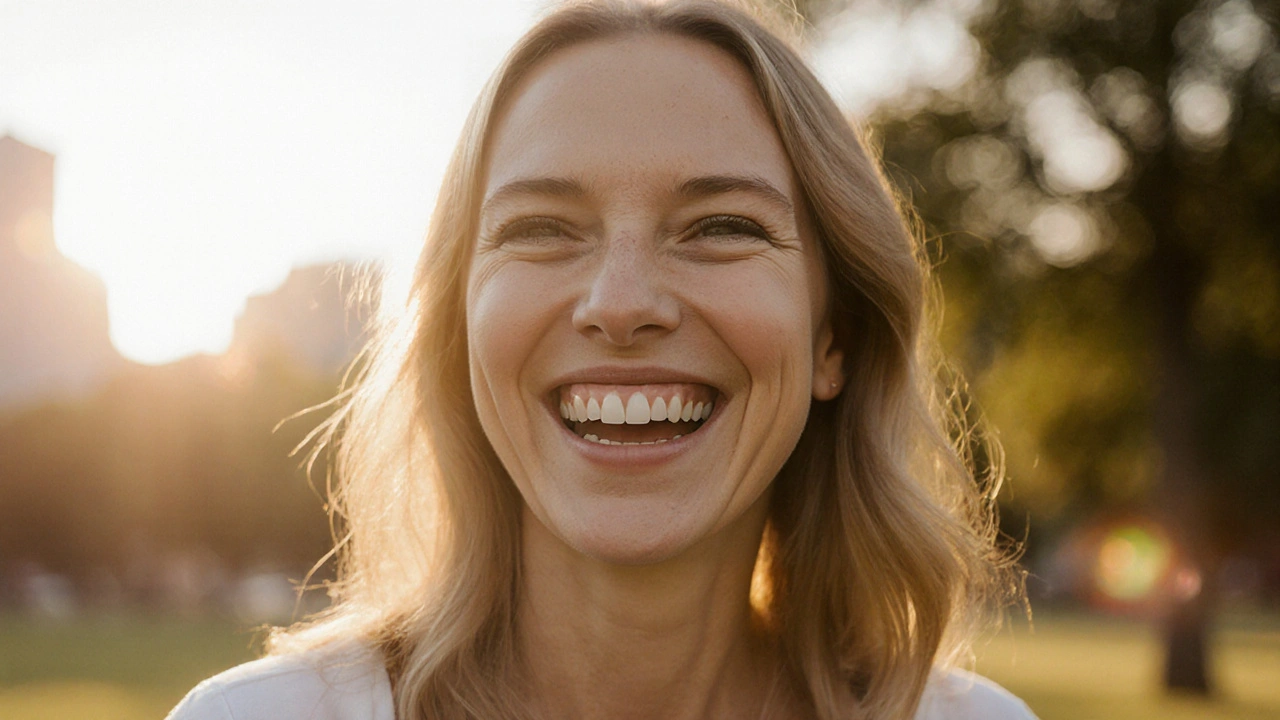 Dospělá žena s bílým úsměvem a sebevědomým výrazem.