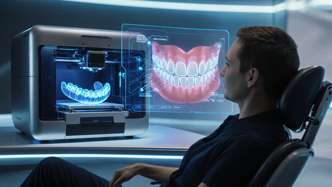 Futuristická laboratoř s 3D‑tiskem aparátu a AI hologramem, pacient s průhledným aparátem.