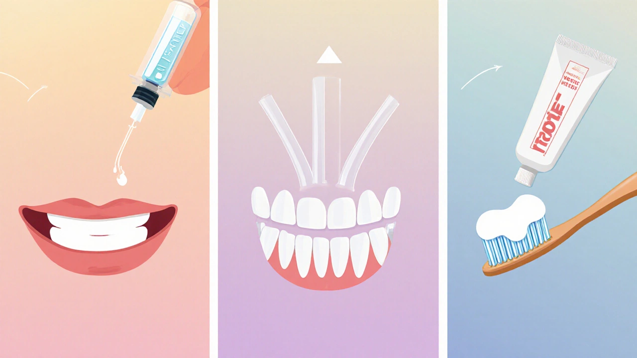Ilustrace tří metod bělení: gel + LED, pásky a pastová pasta.