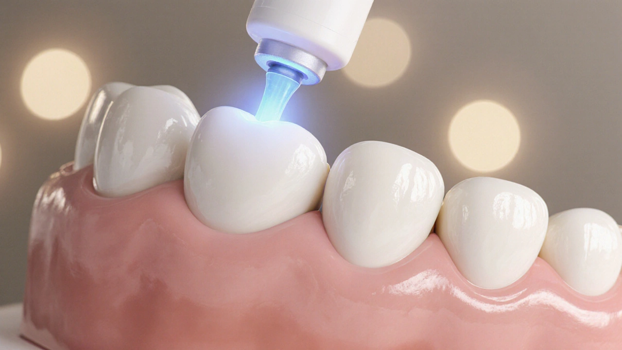 Keramický most s čistými dásněmi a jemným proudem vody mezi zuby.