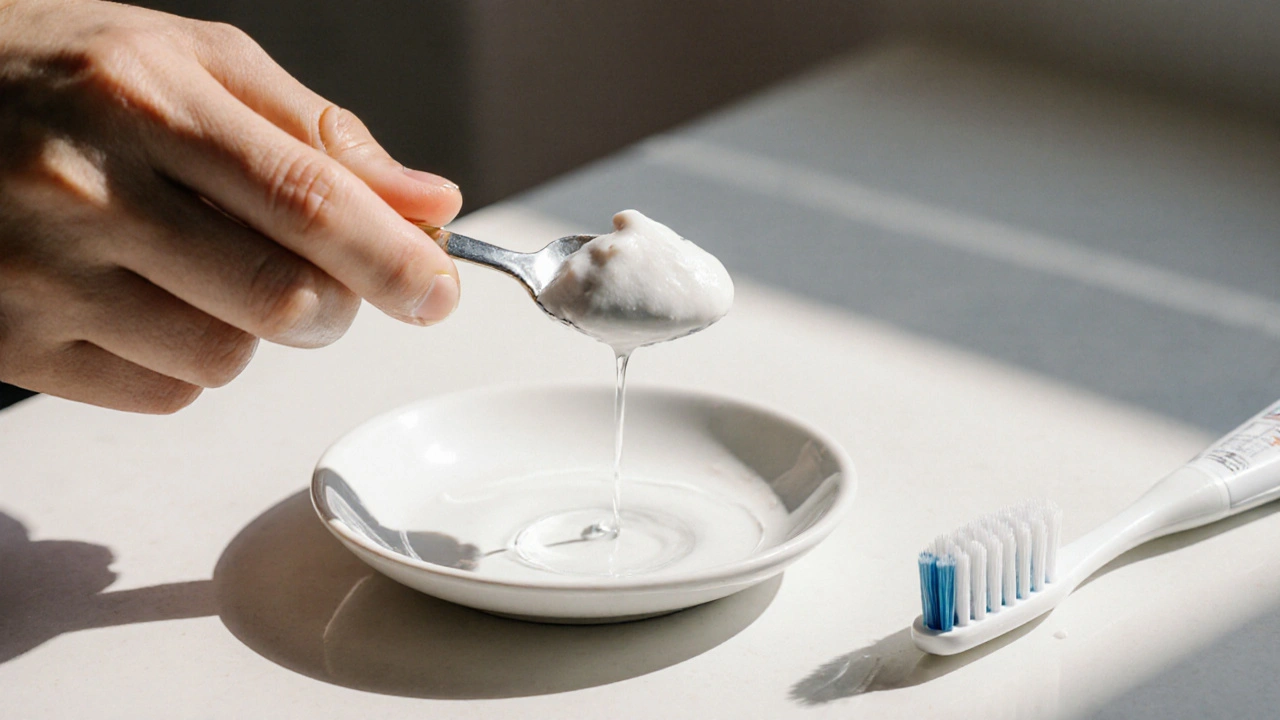 Makro záběr na směs bikarbonátu a vody s pastou na kartáčku a tubou bělicí pasty.