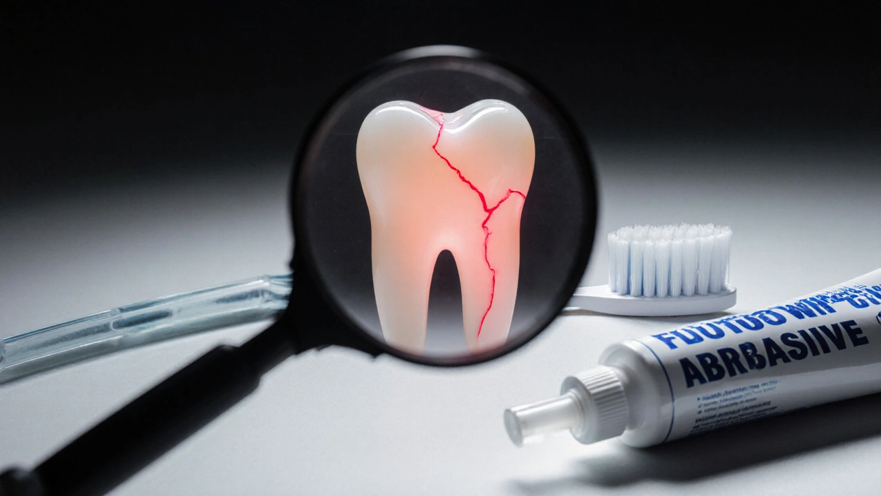 Malá trhlina v keramickém zubu viděná pod zrcátkem, vedle ní jemný kartáček.