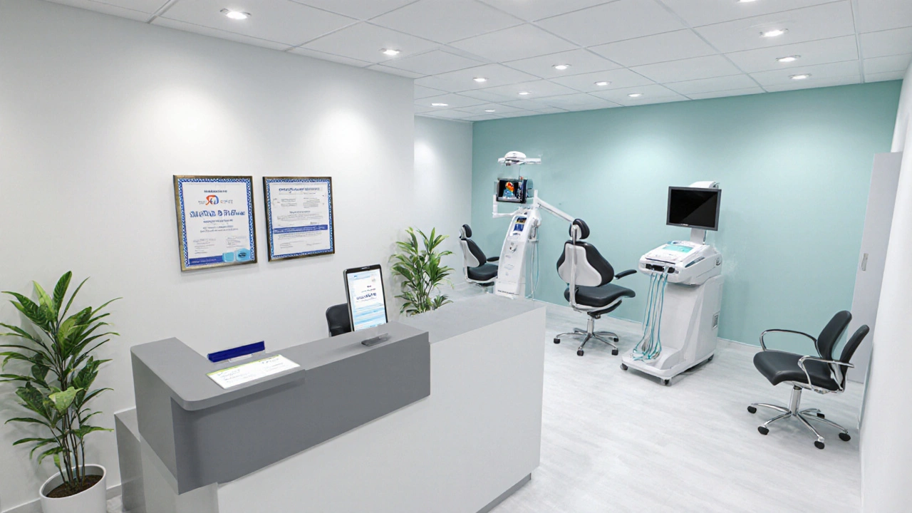 Moderní zubní ordinace s digitálním rentgenem, skenerem a certifikáty na zdi.