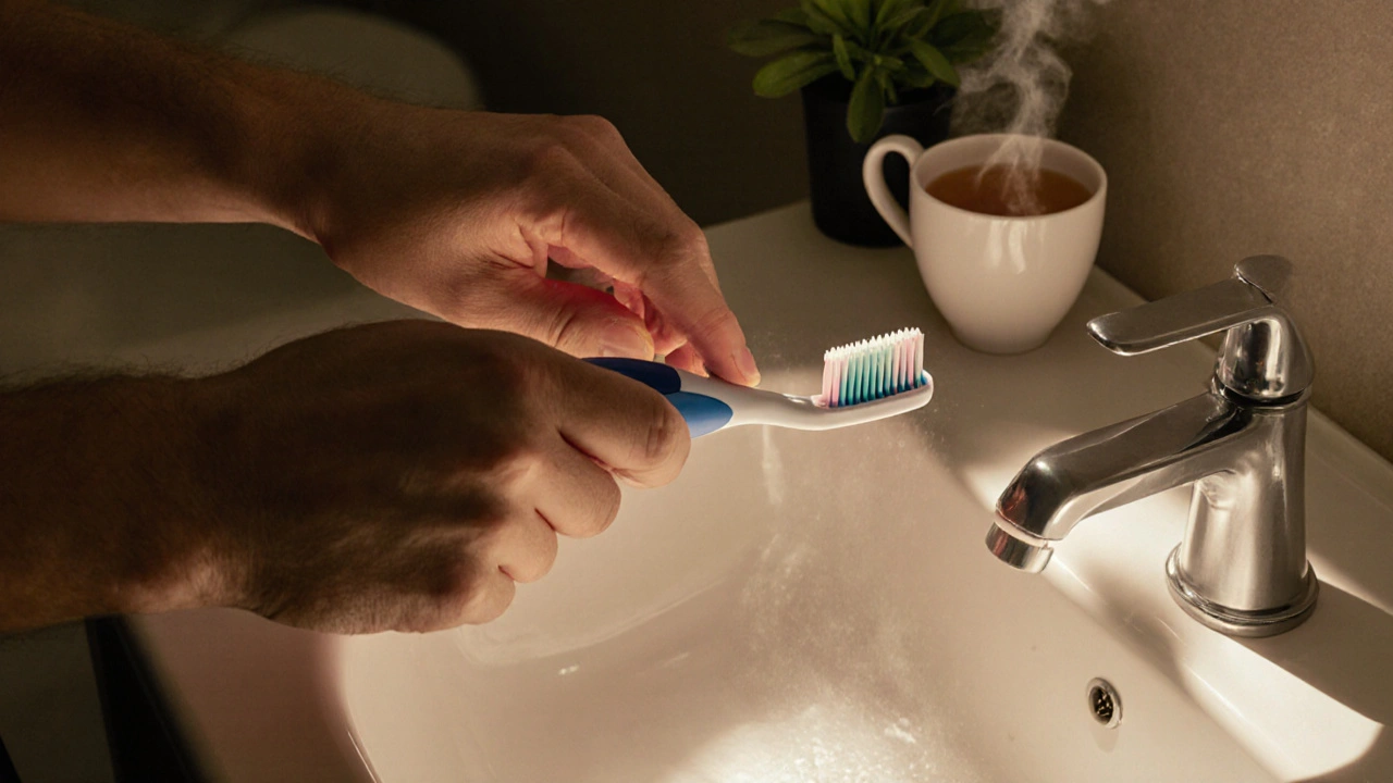 Osoba čistící zuby technikou 45° úhlu a kruhových pohybů s kartáčkem Curaprox v klidné koupelně.