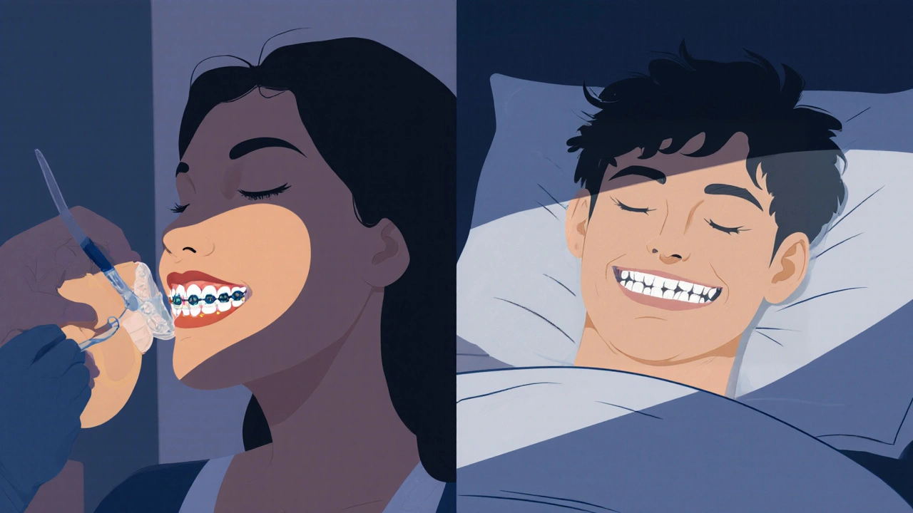 Pacient spí s vyjmavitelnou fixací, zuby jsou udržovány v pozici.