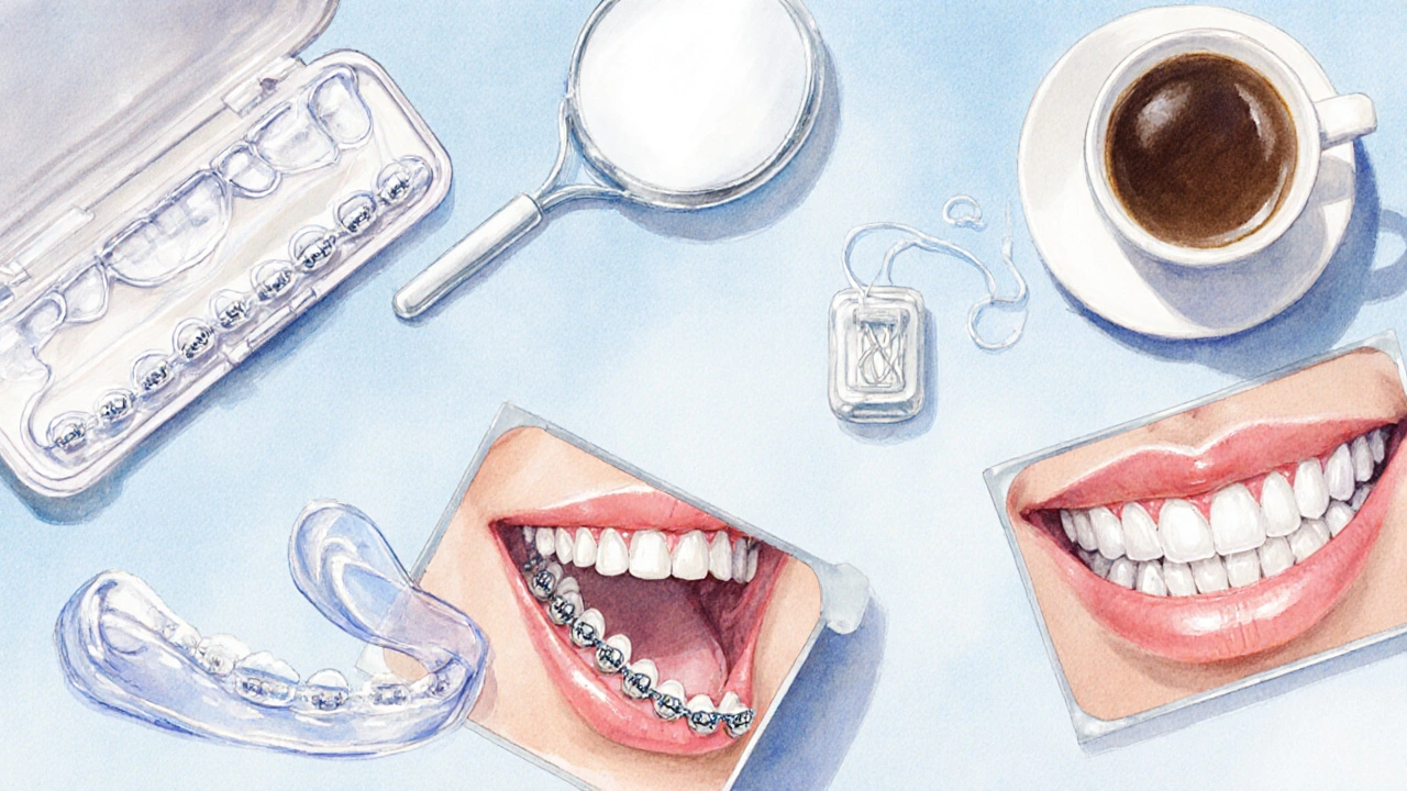 Plocha s nástroji estetické stomatologie: Invisalign, kovová aparát, lingvální aparát a keramické fazety.