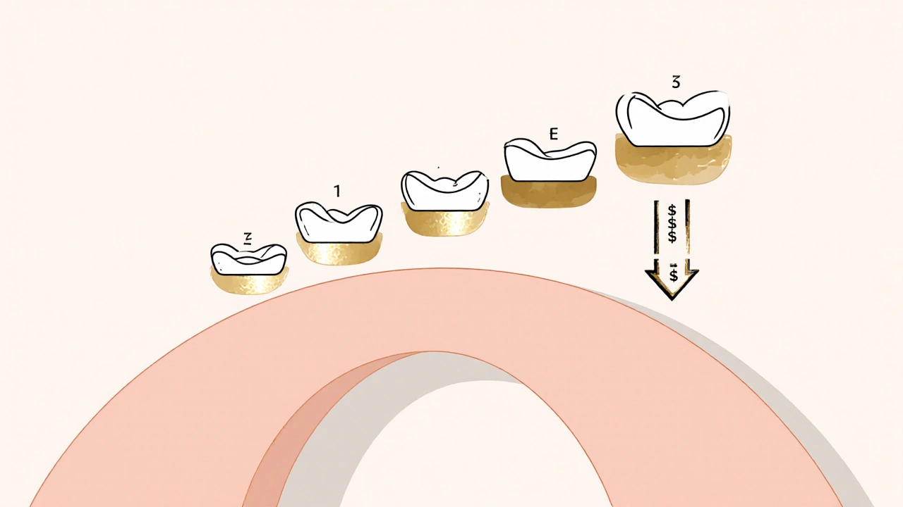Price scale showing decreasing cost per veneer as quantity increases from one to eight.