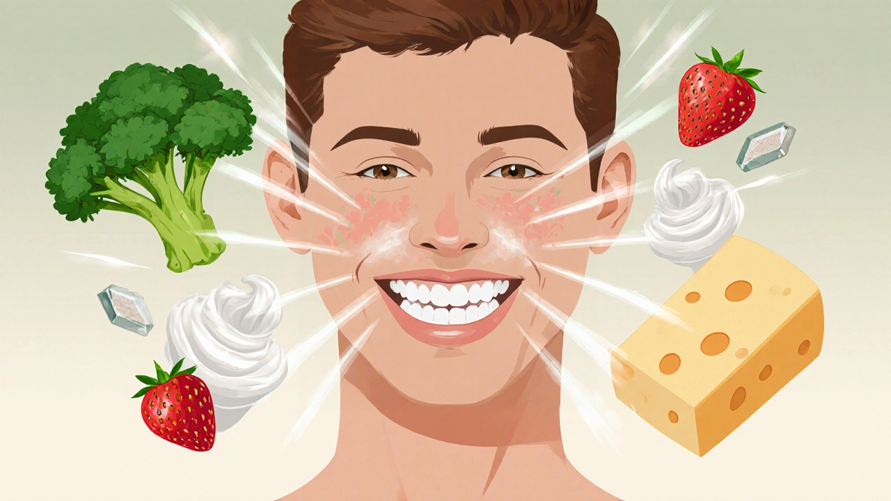 Přirozené potraviny obklopující úsměv, reprezentující ochranu zubní skloviny.