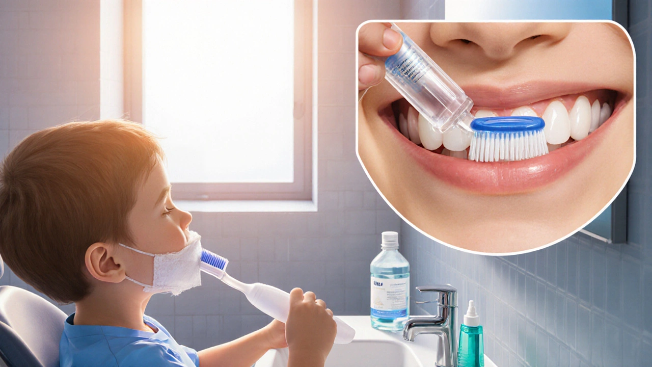 Rodina čistí zuby, zubní lékař aplikuje sealant, doplňky pro ústní hygienu na dřez.