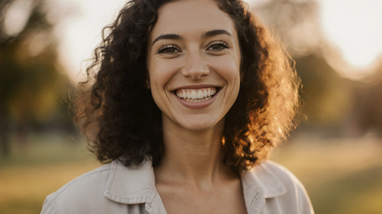Sebevědomá žena s bílým úsměvem na slunečném pozadí po estetické stomatologické léčbě.