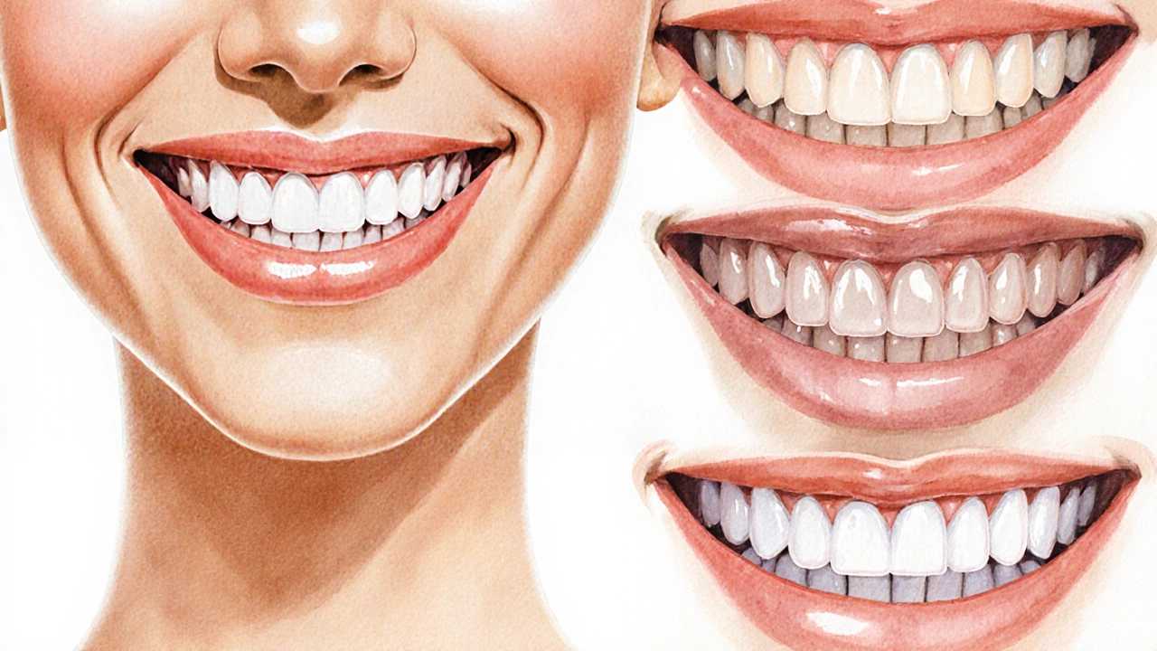 Smiling face with six perfectly matched composite veneers contrasting with natural teeth.