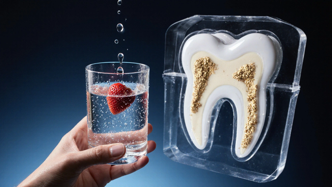 Voda s jahodou a mikroskopické minerály obnovující zubní sklovinu.