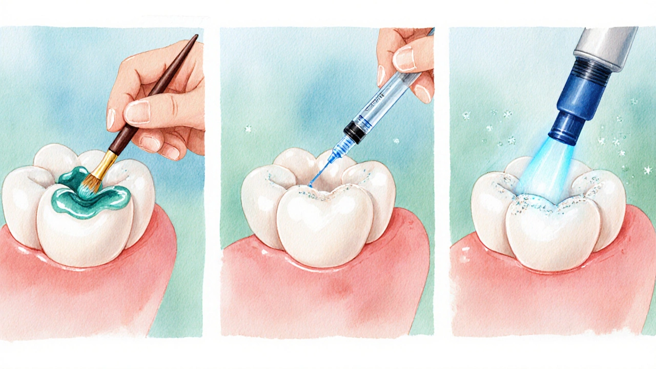 Zubař aplikuje fluoridovou varnish, sealant a laser na dětském zubu, ukazující bezvrtací metody.