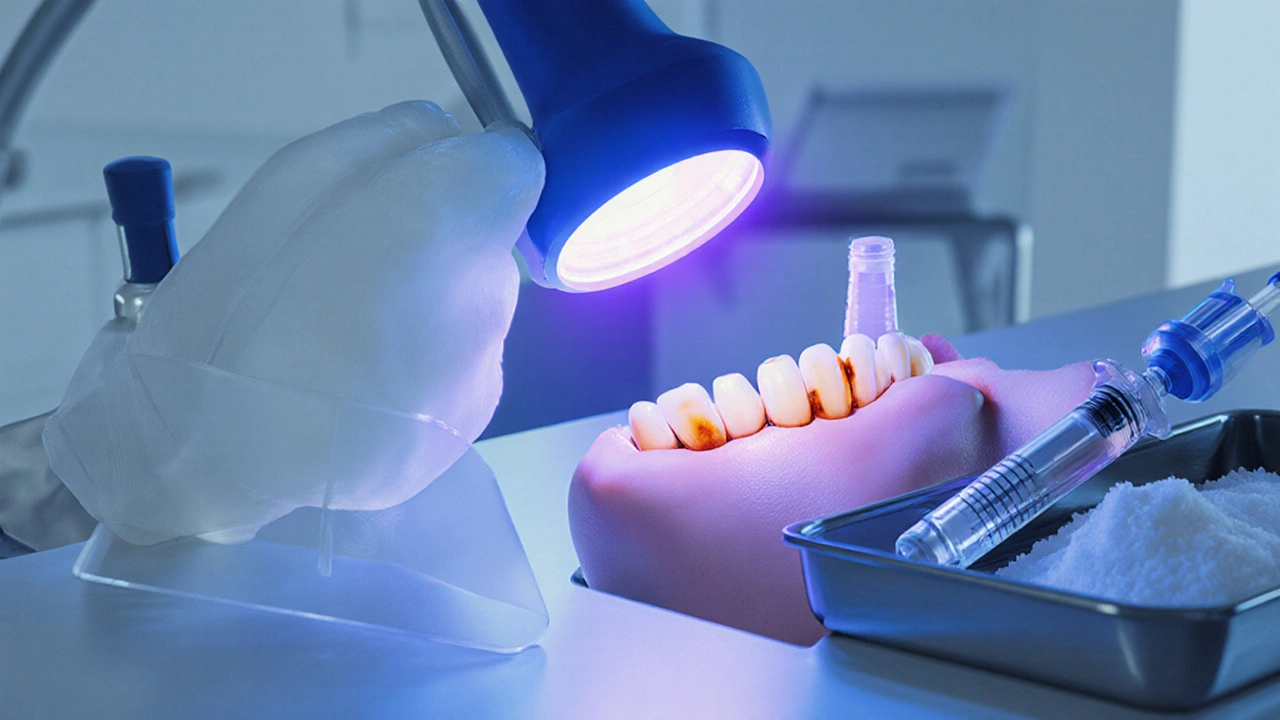Zubař osvětluje zabarvený zub UV lampou v klinice.