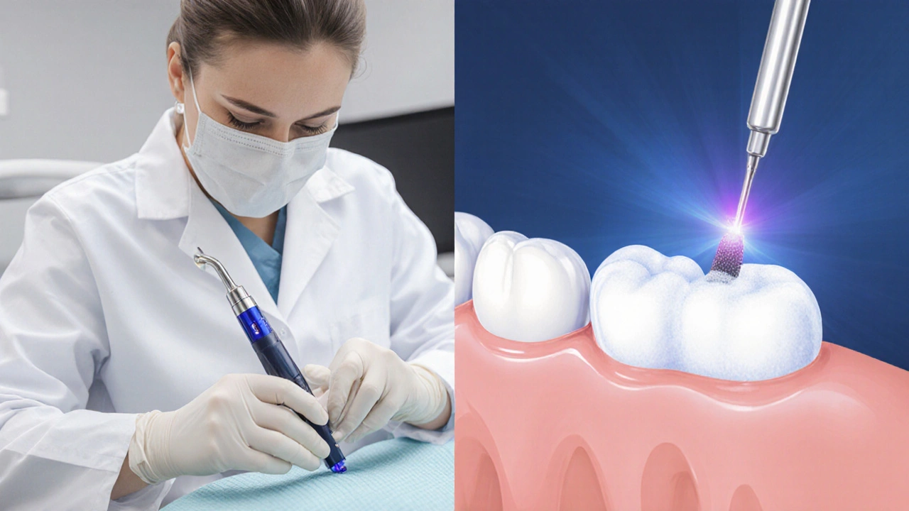 Zubař používá laser a mikroabrazivní techniku na zabarvený zub ve split‑screen ilustraci.