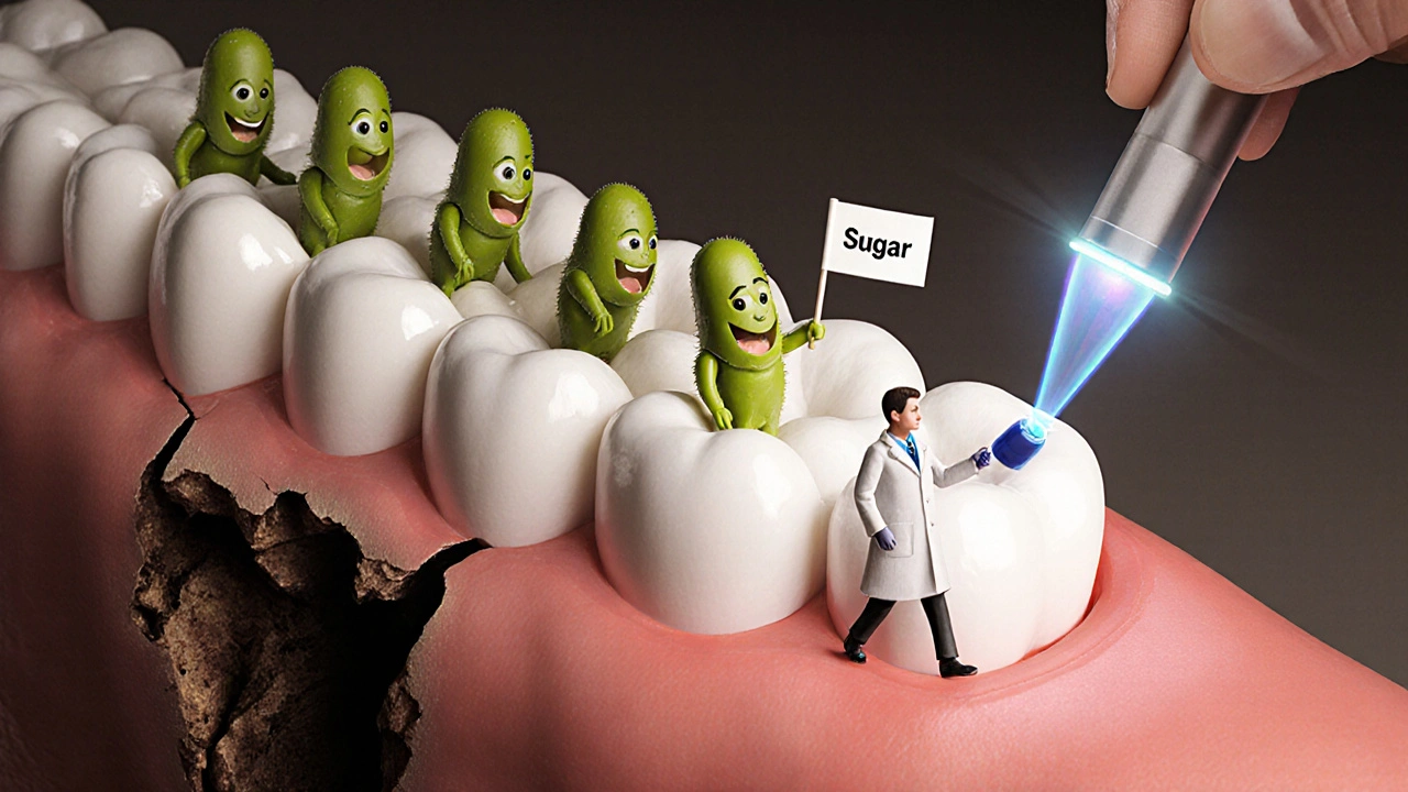 Bakterie pronikající do zubu, zatímco malý zubní lékař plombu zapečetí.