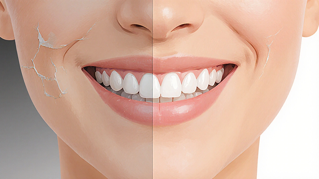 Before and after comparison of teeth: from chipped and discolored to bright and uniform with composite veneers.