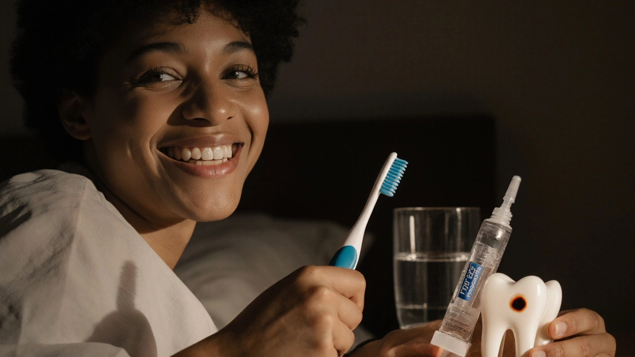 Člověk se smíchem drží kartáček a fluoridový gél, za ním viditelné zastavení kazu