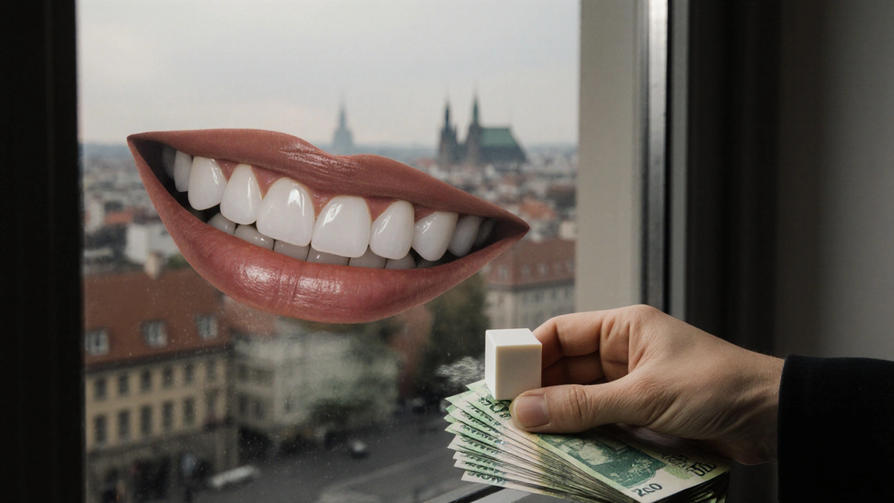 Composite resin block beside Czech koruna notes, symbolizing affordable dental aesthetics with a city skyline in background.