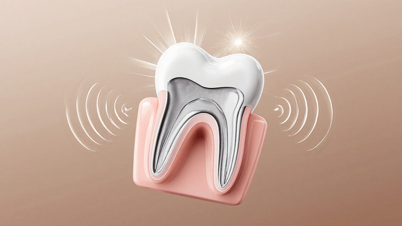 Cross-section of a tooth with metal core and ceramic outer layer, symbolizing strength and natural appearance.