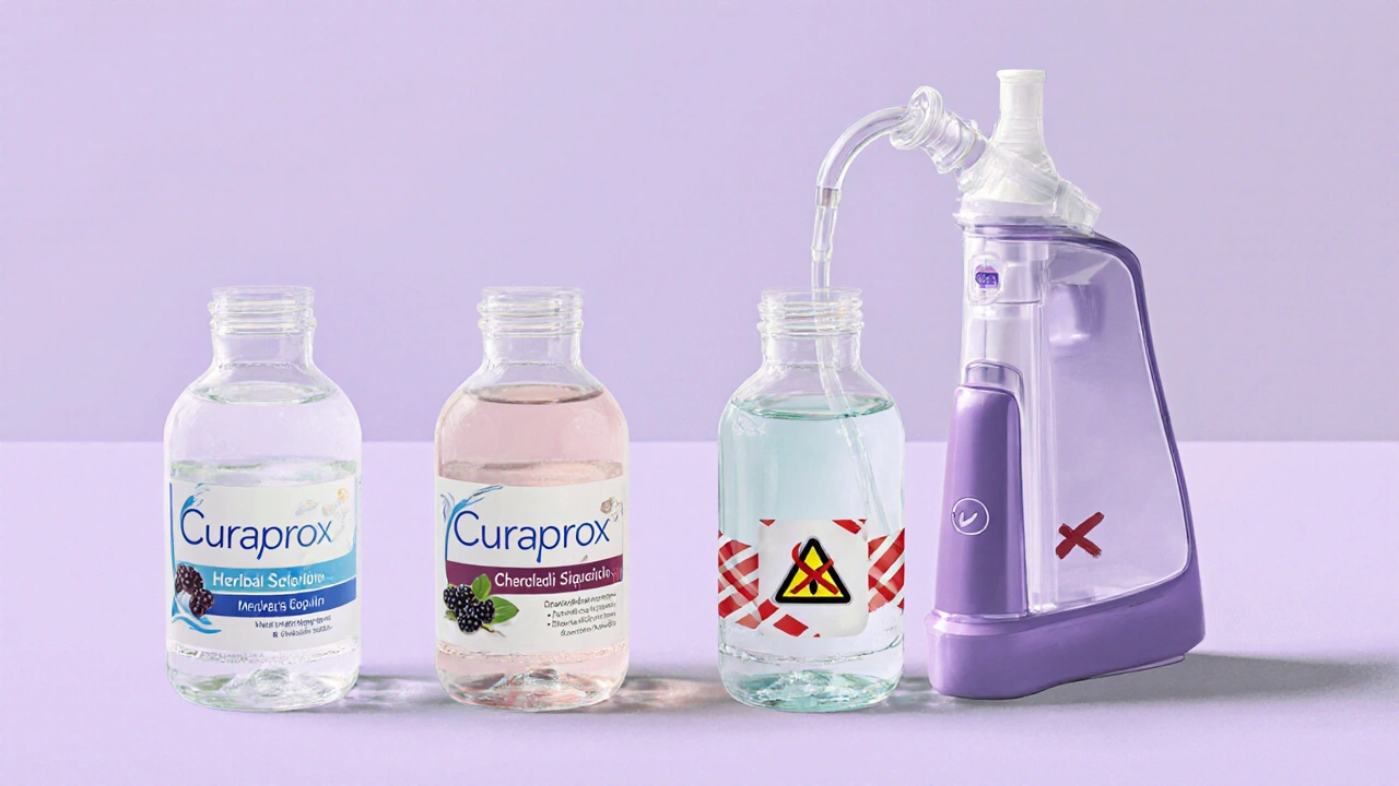 Čtyři roztoky pro ústní sprchu: voda, přírodní roztok, chlorhexidin a ocet, s vizuálními varováními.