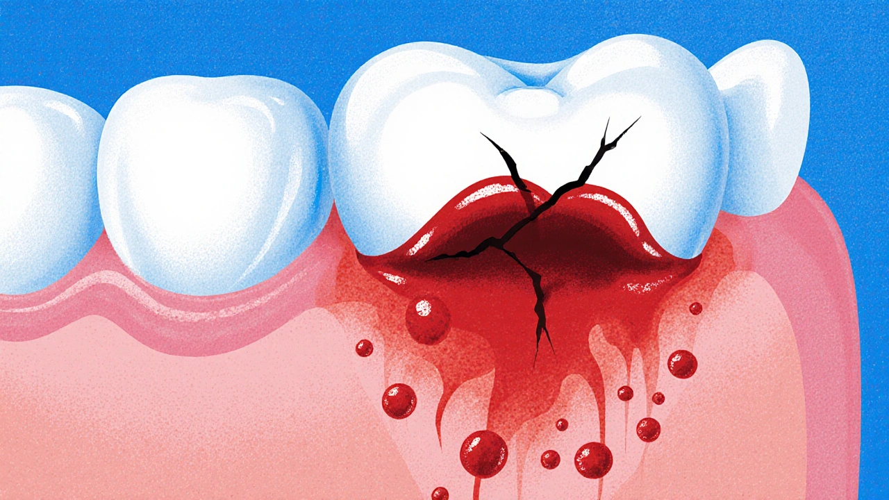 Detail vytaženého zubu s poškozenou krevní sraženinou a zánětlivou dásní.