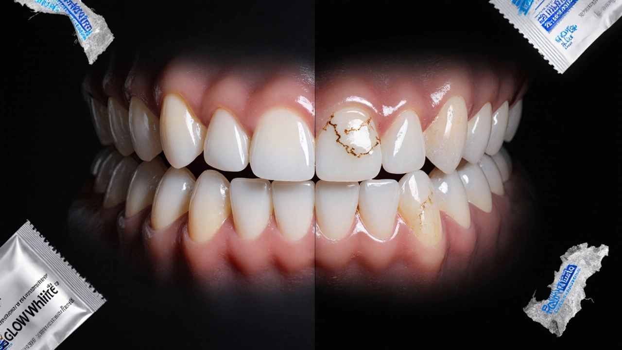 Dvě sady zubů: jedny zdravě bělé, druhé poškozené příliš silnými bělicími páskami.