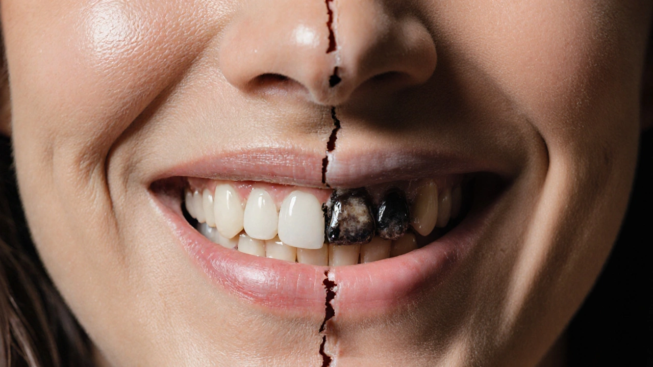 Dvě strany úst: zdravé dásně naproti pokročilému zánětu a ztrátě kosti.