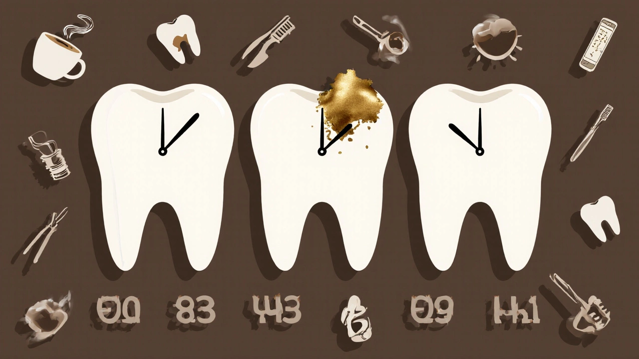 Hodiny s zuby místo čísel, jedna fazeta se odlepuje, symbolizující čas a péči.
