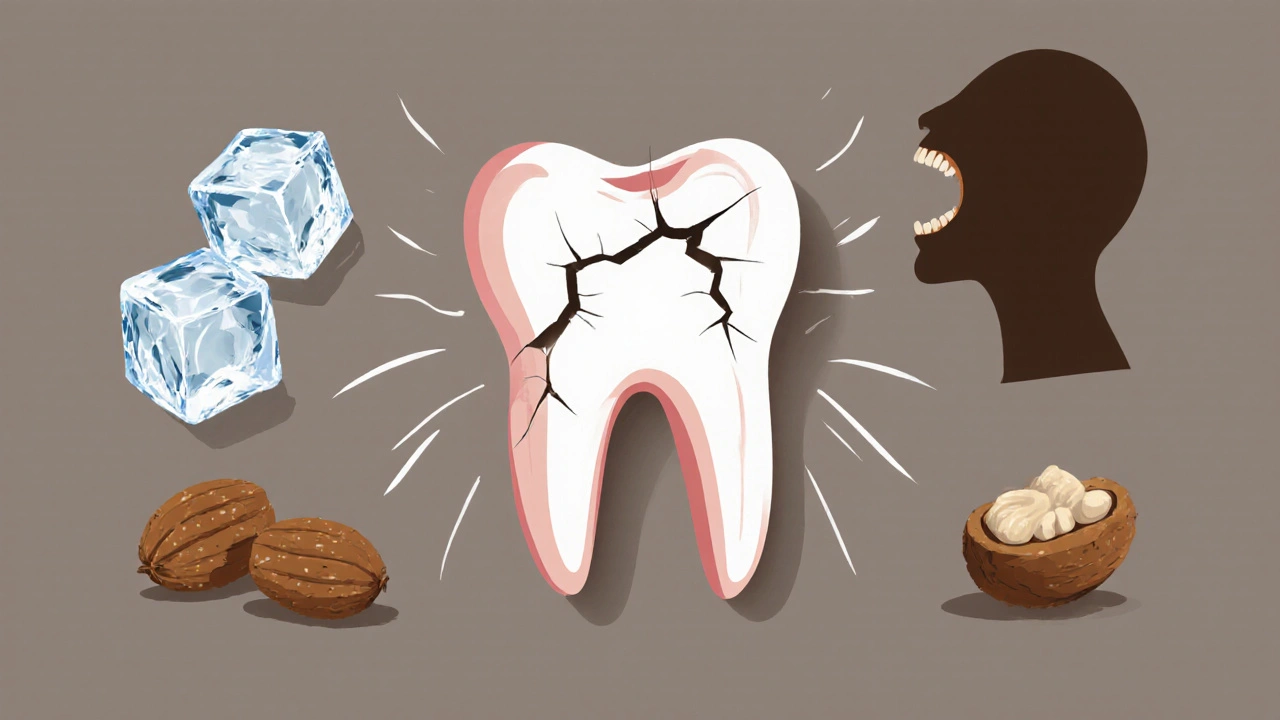 Ilustrace poškozeného moláru s symboly stresu: led, oříšky a stisknutá čelist.