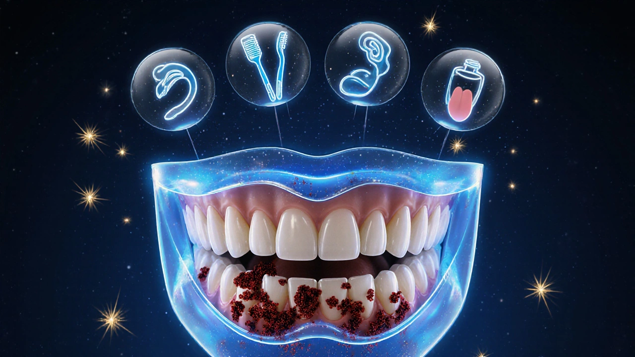 Koncepční obrázek zdravého ústního systému s odstraňováním plaku.