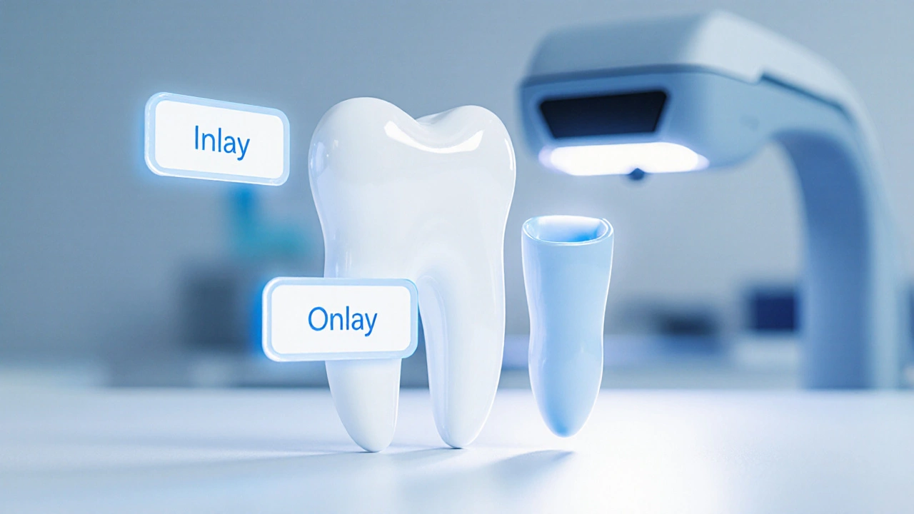 Konceptuální obrázek zubu jako hrnku s inlay, onlay a korunkou