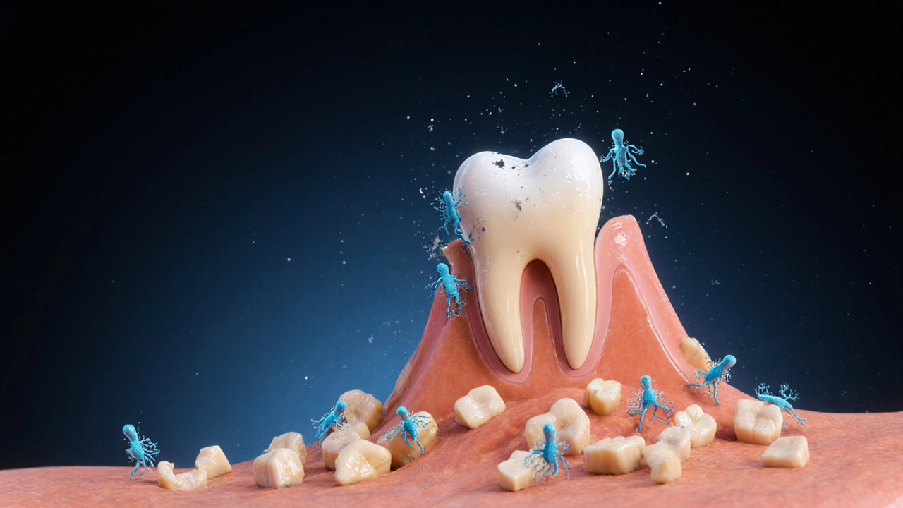 Konzepční obraz zubu rozpadajícího se od kořene kvůli kazům.