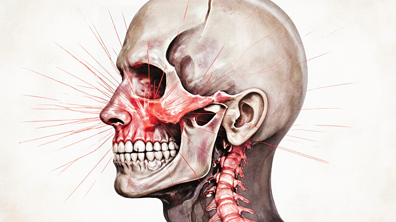 Křížový řez hlavy ukazující vliv špatně zarovnaných zubů na klouby a páteř.