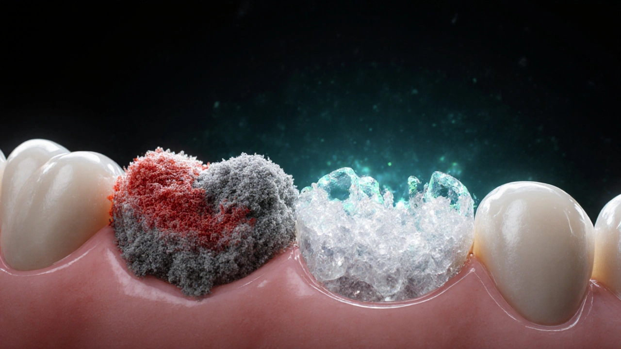 Mikroskopický pohled na obnovu sklovinky zubu minerály.