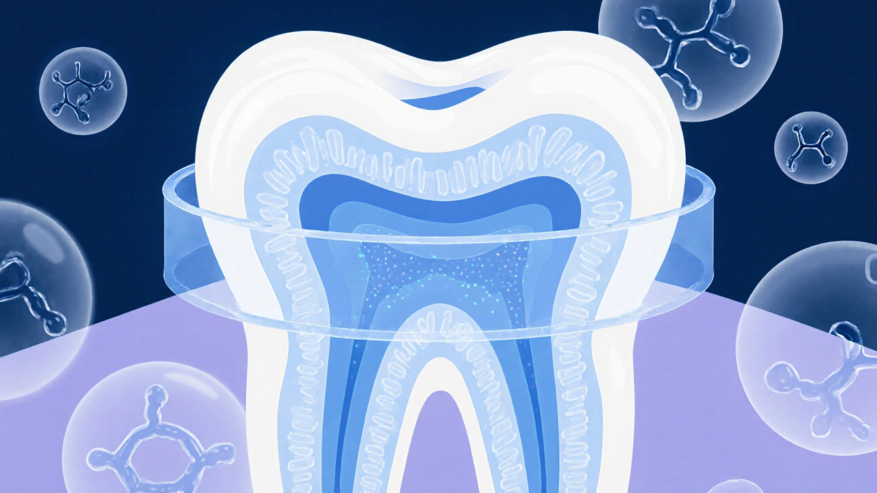Mikroskopický pohled na zubní tubuly uzavřené ochrannými molekulami.