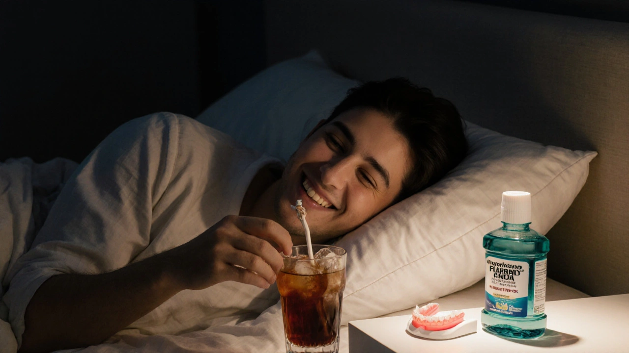 Osoba pije studený nápoj přes slámku, noční ochranná destička na stole.