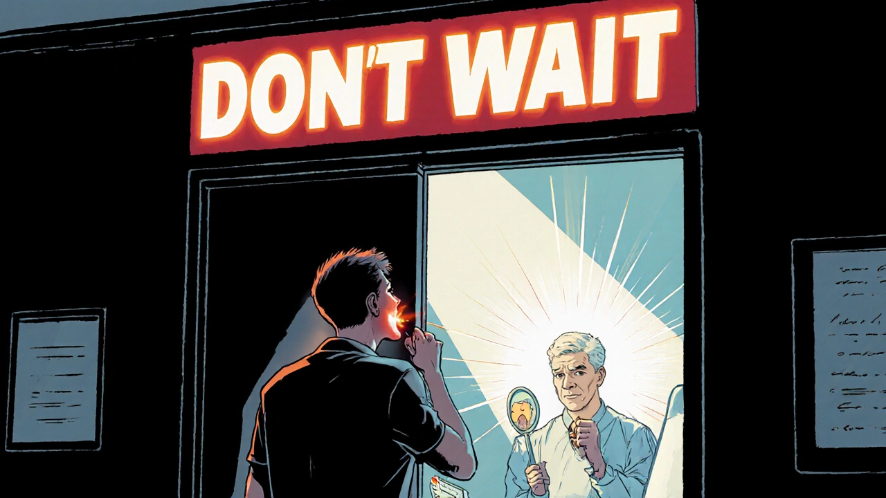 Osoba před zubní klinikou s varováním &#039;Nechejte čekat&#039; a zubním lékařem.