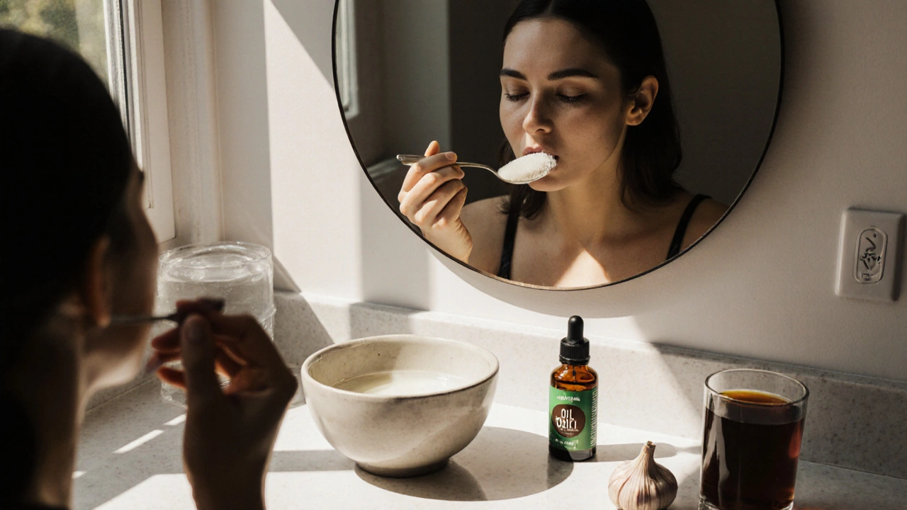 Osoba provádí olejové tahání s kokosovým olejem v kuchyni při slunečném ránu