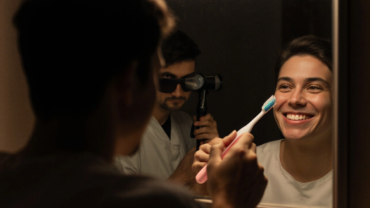 Osoba se dívá do zrcadla, kde na zubech svítí praskliny, za ní stojí zubař.