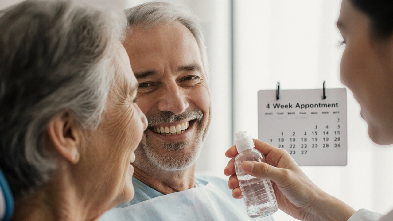 Pacient po kyretáži smířeně hledí do zrcadla s zdravými dásněmi a čistými zuby.