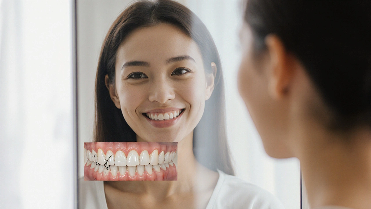 Person smiling in mirror with restored tooth, showing before-and-after transformation.