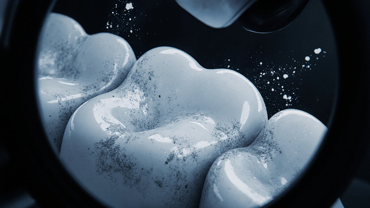 Pohled pod mikroskopem na poškozený povrch keramické onlay s hromaděním plaku v mikrotrhlinách.