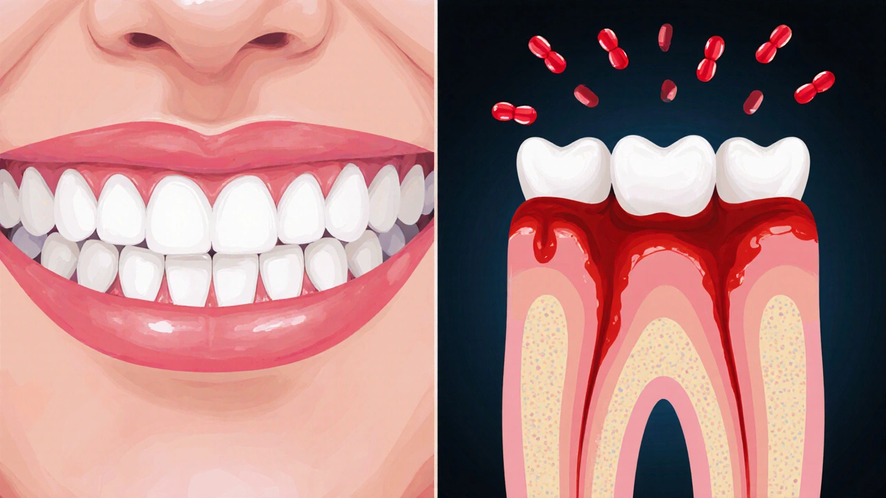 Porovnání zdravých a zánětlivých dásní s viditelným zubním kamenem a ztrátou kosti.