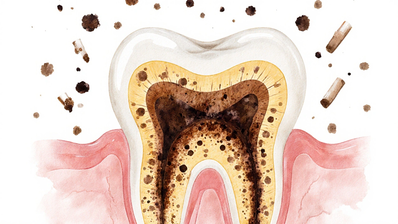 Příčinná ilustrace zubu s tenkou sklovinou a žlutým dentinem, zbarveným barvivy.