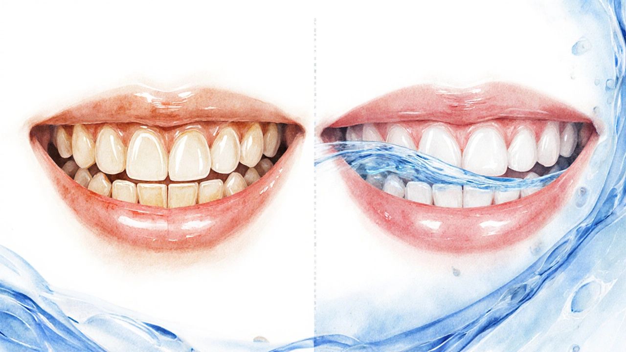 Přirozeně žluté zuby vlevo a bělší zuby vpravo s viditelným chemickým účinkem bělícího gelu.