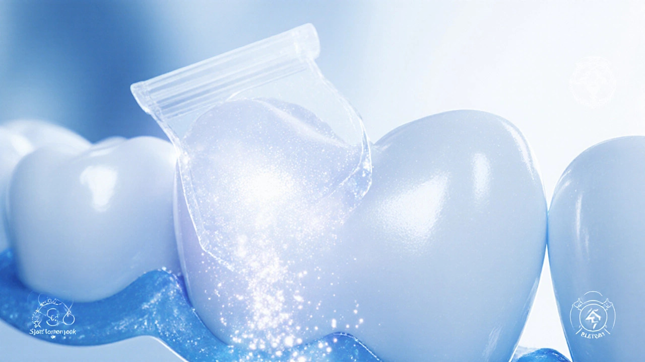 Průřez zubu s bělicí páskou a molekulami peroxidu pronikajícími do emailu.